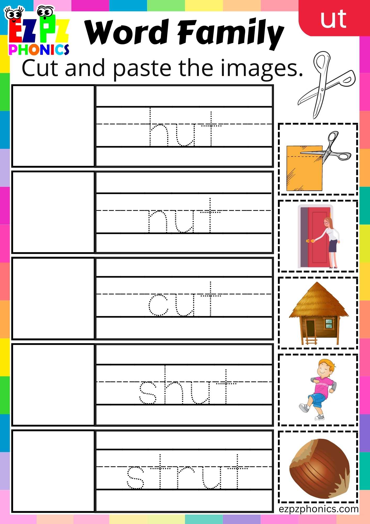 UT Words Cut And Paste The Images Phonics Word Families Worksheet